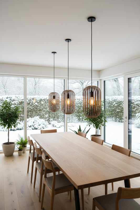 LUWALD NO.04 M Pendelleuchte aus Holz, schwarz, handgefertigt, zylinderförmig, angeschaltet, Ringe, Atmosphäre, Hängelampe, Wintergarten, Esstisch