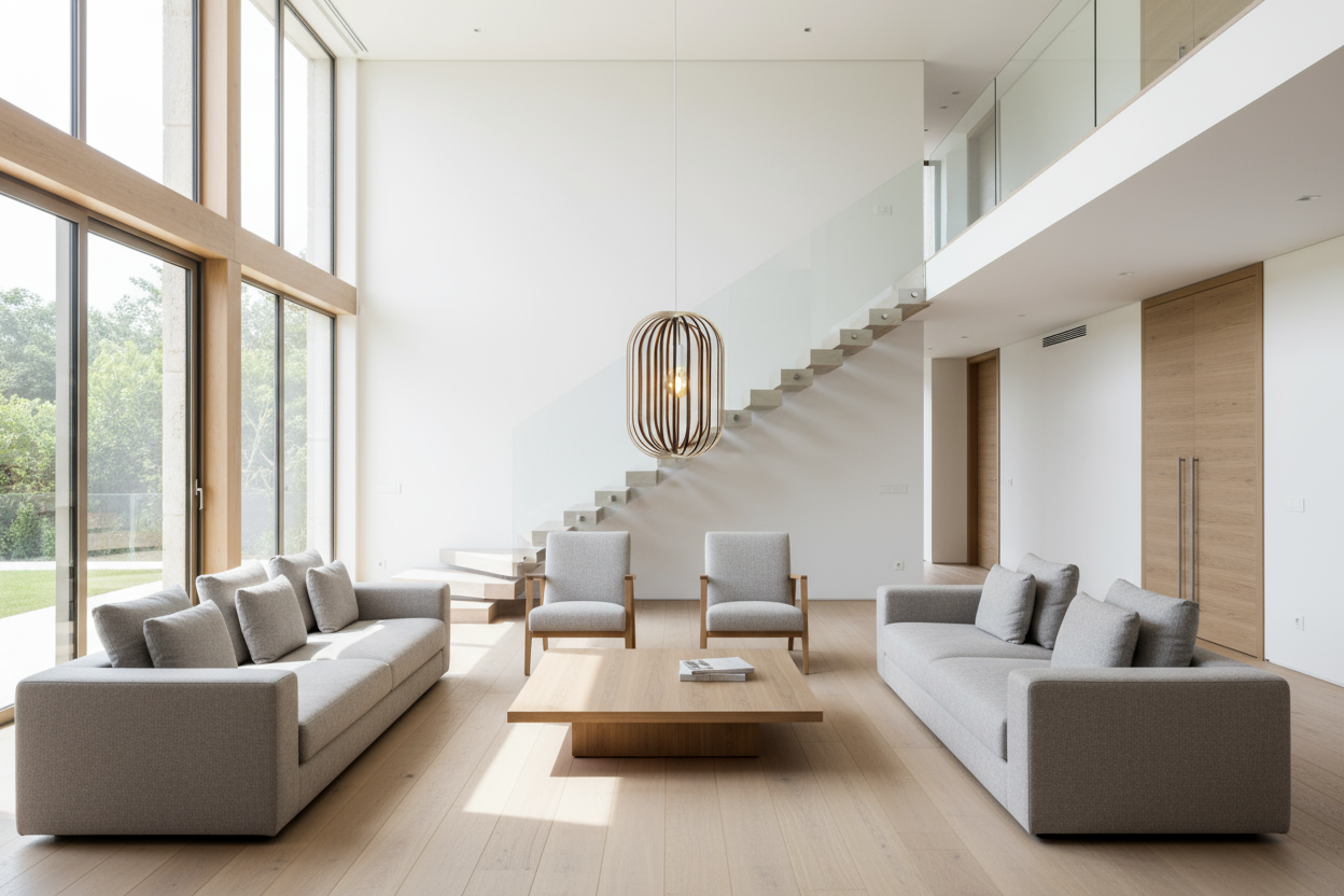 LUWALD NO.04 L Pendelleuchte aus Holz, weiß, handgefertigt, zylinderförmig, angeschaltet, Ringe, Atmosphäre, Hängelampe, Wohnzimmer, Couchtisch, Treppe, modern