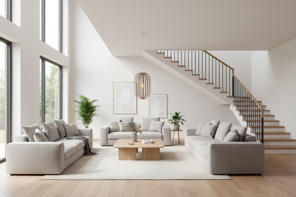 LUWALD NO.04 L Pendelleuchte aus Holz, weiß, handgefertigt, zylinderförmig, angeschaltet, Ringe, Atmosphäre, Hängelampe, Wohnzimmer, Couchtisch, Treppe