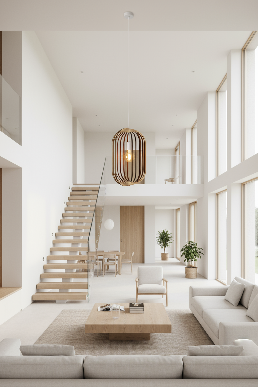 LUWALD NO.04 L Pendelleuchte aus Holz, weiß, handgefertigt, zylinderförmig, angeschaltet, Ringe, Atmosphäre, Hängelampe, Wohnzimmer, Couchtisch, Treppe