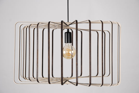 LUWALD NO.01 Pendelleuchte aus Holz, schwarz, handgefertigt, zylinderförmig, ausgeschaltet, Seitenansicht