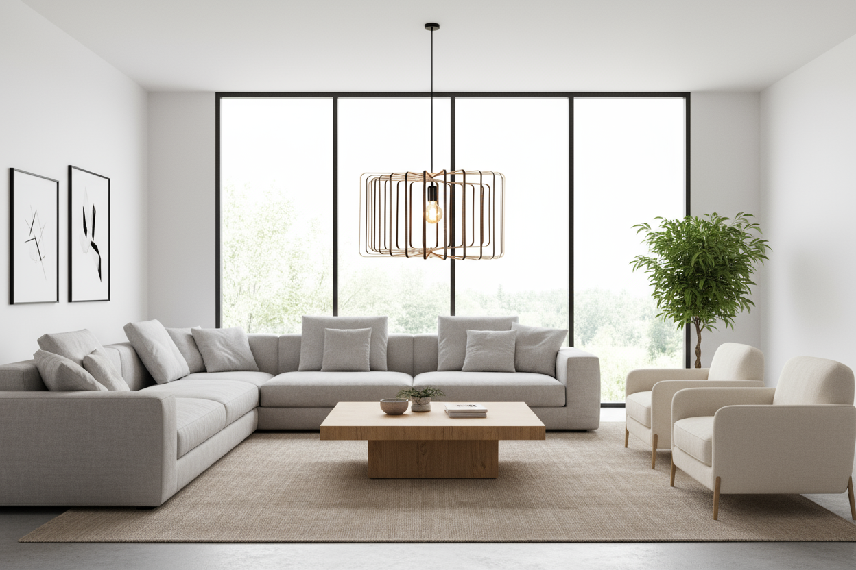 LUWALD NO.01 Pendelleuchte aus Holz, schwarz, handgefertigt, zylinderförmig, angeschaltet, stimmungsvolles Wohnzimmer, hell