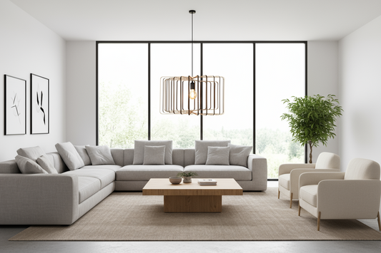 LUWALD NO.01 Pendelleuchte aus Holz, schwarz, handgefertigt, zylinderförmig, angeschaltet, stimmungsvolles Wohnzimmer, hell