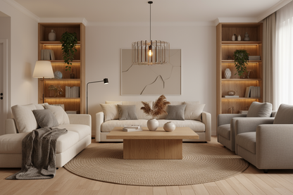 LUWALD NO.01 Pendelleuchte aus Holz, schwarz, handgefertigt, zylinderförmig, angeschaltet, stimmungsvolles Wohnzimmer, gemütlich, Atmosphäre