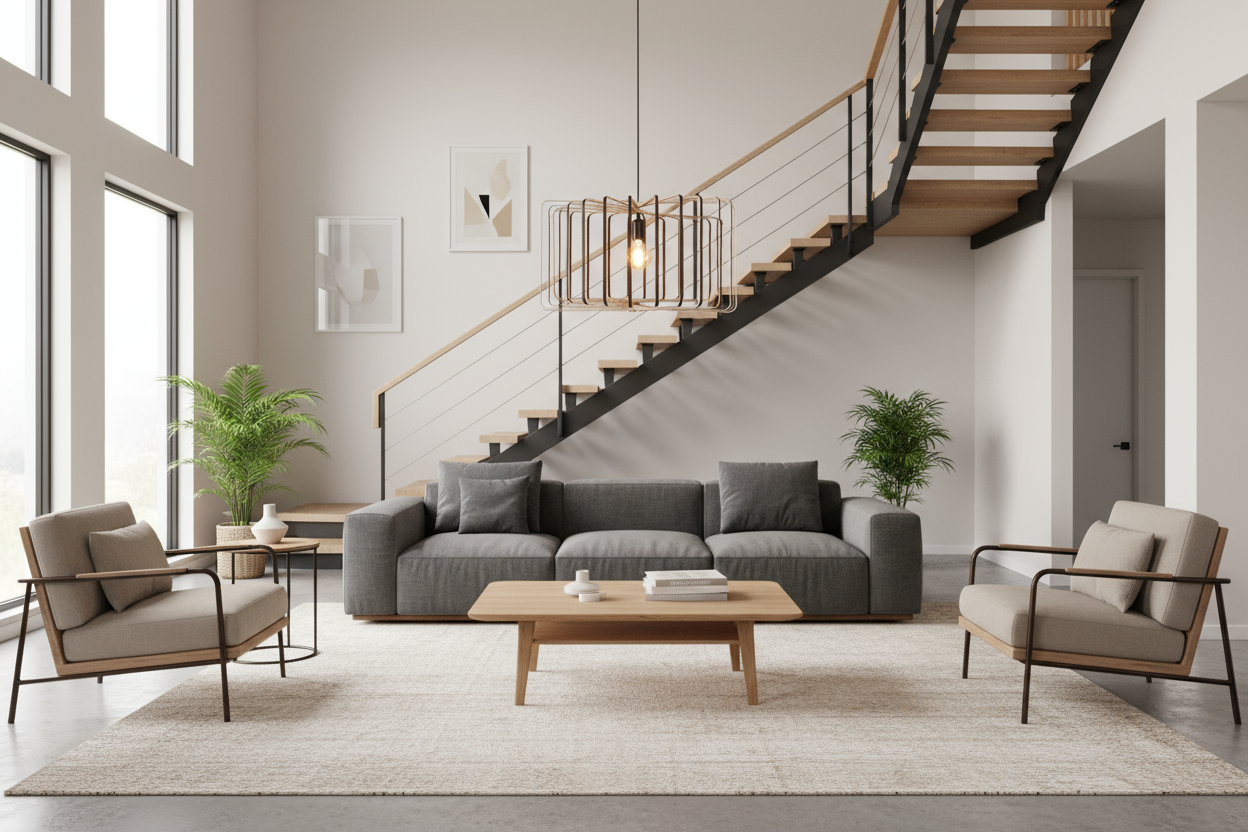 LUWALD NO.01 Pendelleuchte aus Holz, schwarz, handgefertigt, zylinderförmig, angeschaltet, stimmungsvolles Wohnzimmer, hell, Treppe