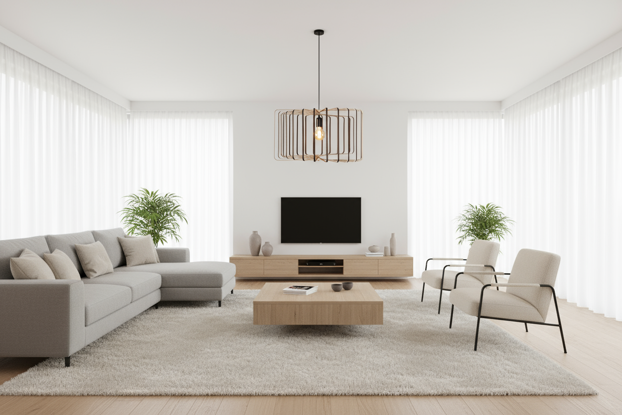 LUWALD NO.01 Pendelleuchte aus Holz, schwarz, handgefertigt, zylinderförmig, angeschaltet, stimmungsvolles Wohnzimmer, hell, modern, Vorhänge geschlossen