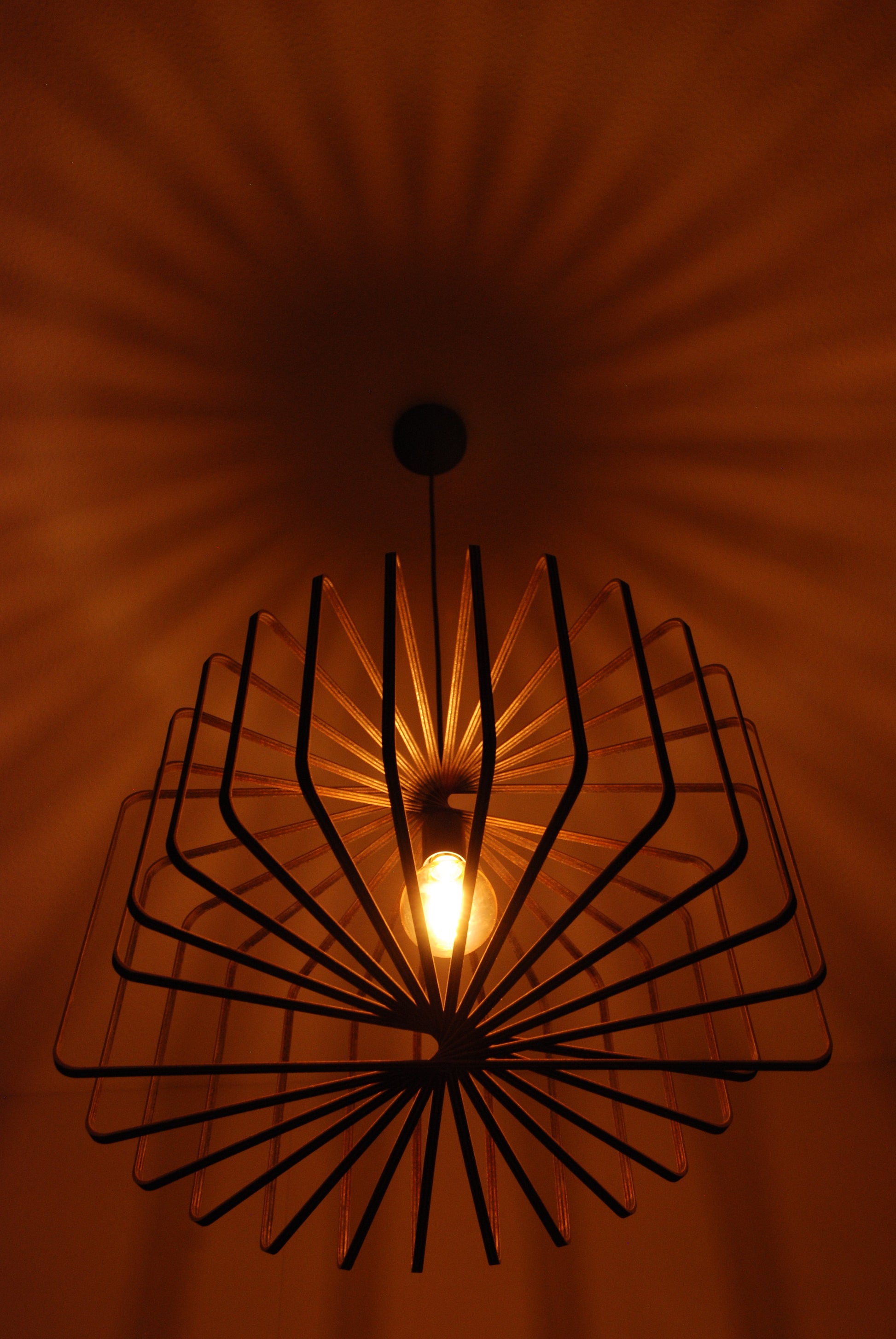 LUWALD NO.01 Pendelleuchte aus Holz, schwarz, handgefertigt, zylinderförmig, angeschaltet, Schatten an der Decke