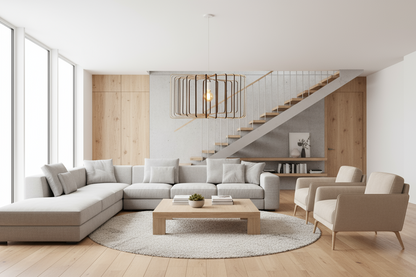 LUWALD NO.01 Pendelleuchte aus Holz, handgefertigt, zylinderförmig, weiß, angeschaltet, Lampe in Wohnzimmer, gemütlich, modern