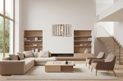 LUWALD NO.01 Pendelleuchte aus Holz, handgefertigt, zylinderförmig, weiß, angeschaltet, Lampe in Wohnzimmer, gemütlich, modern, hell