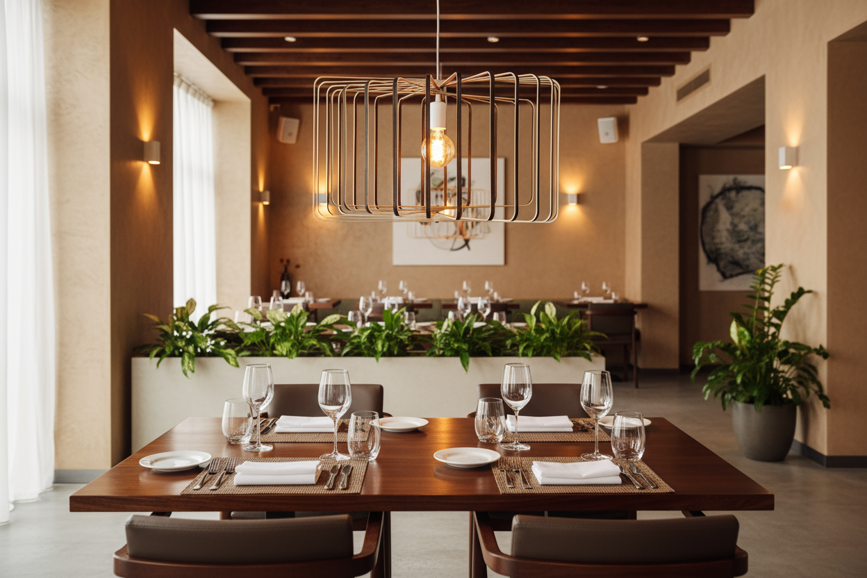 LUWALD NO.01 Pendelleuchte aus Holz, handgefertigt, zylinderförmig, weiß, angeschaltet, Lampe in Restaurant, gemütlich, modern