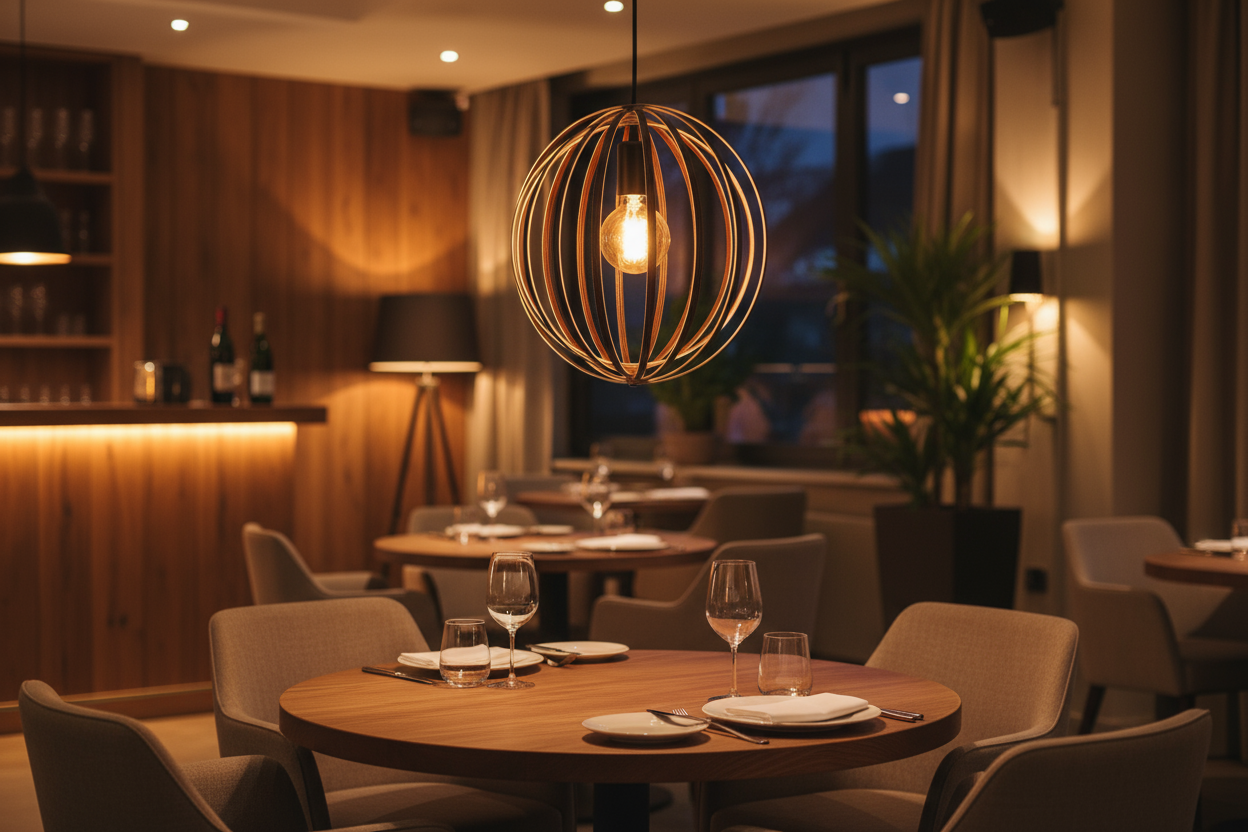 LUWALD NO.03 S Pendelleuchte aus Holz, schwarz, handgefertigt, kugelförmig, angeschaltet, Seitenansicht, Restaurant stimmungsvoll, gemütlich