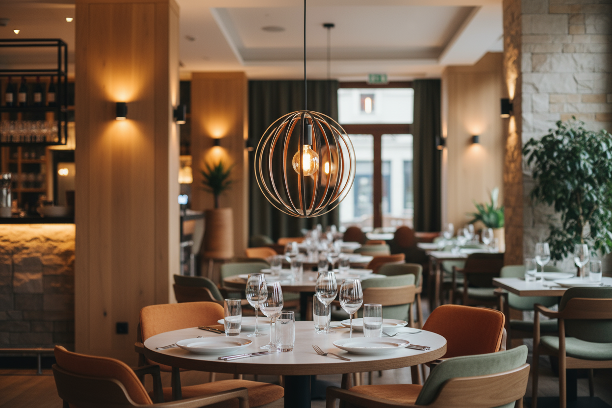 LUWALD NO.03 S Pendelleuchte aus Holz, schwarz, handgefertigt, kugelförmig, angeschaltet, Seitenansicht, Restaurant stimmungsvoll