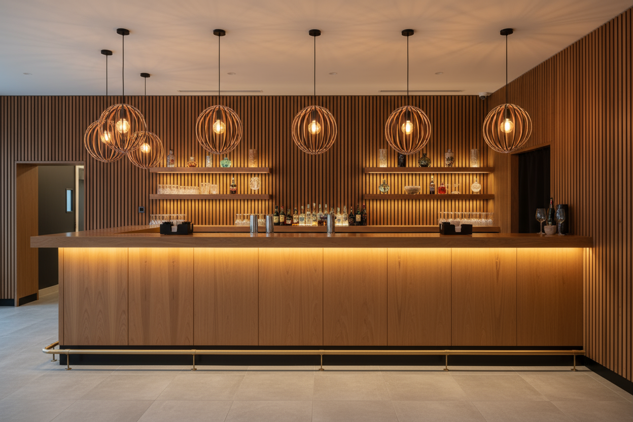 LUWALD NO.03 S Pendelleuchte aus Holz, schwarz, handgefertigt, kugelförmig, angeschaltet, Hotel, Bar