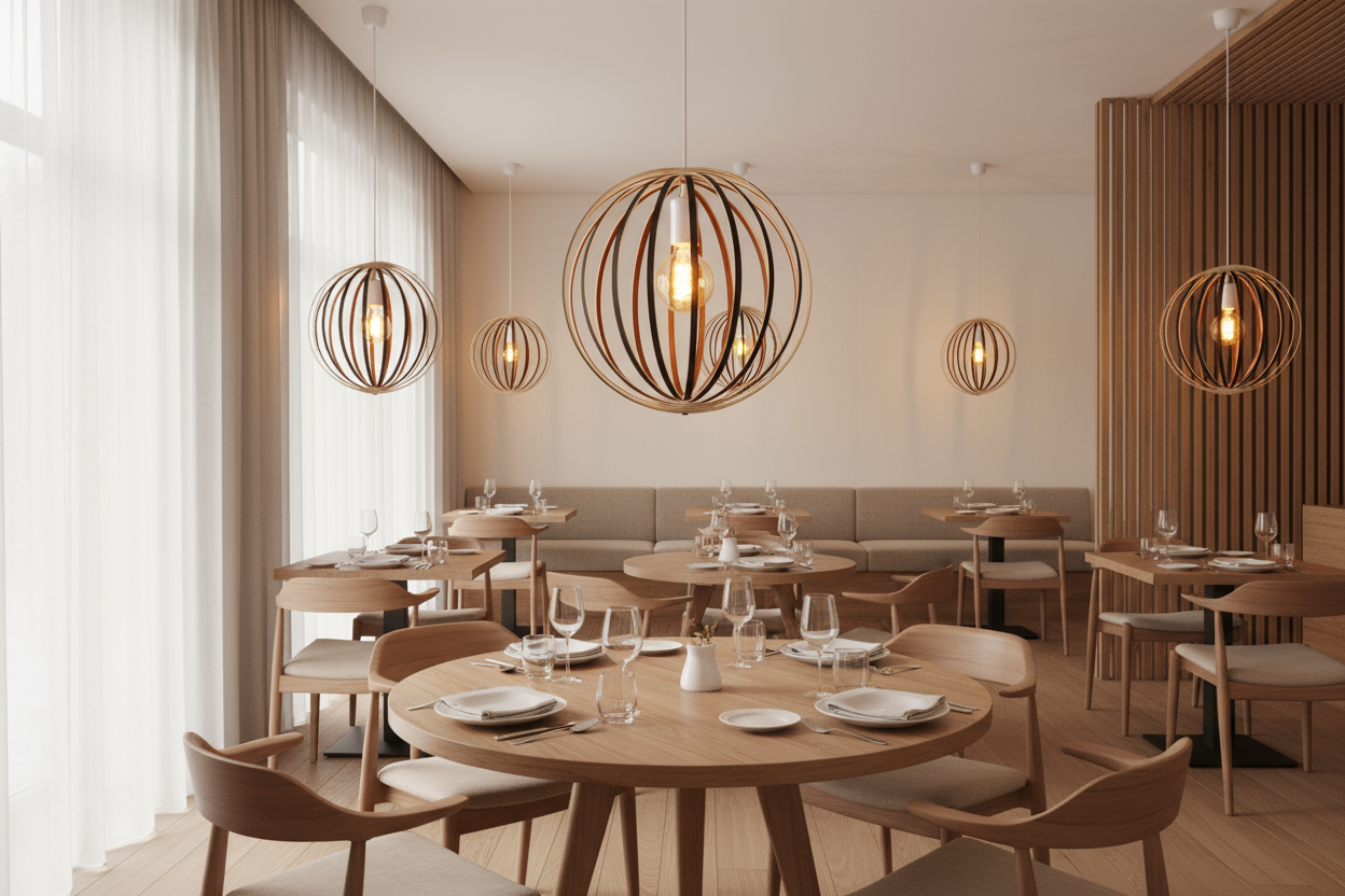 LUWALD NO.03 S Pendelleuchte aus Holz, weiß, handgefertigt, kugelförmig, angeschaltet, Restaurant, gemütlich, stimmungsvoll