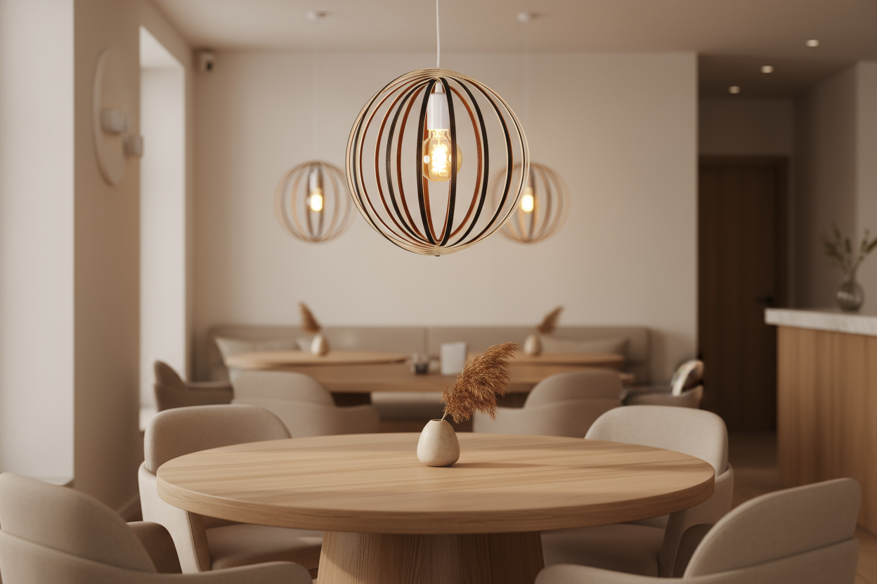 LUWALD NO.03 S Pendelleuchte aus Holz, weiß, handgefertigt, kugelförmig, angeschaltet, Restaurant, gemütlich