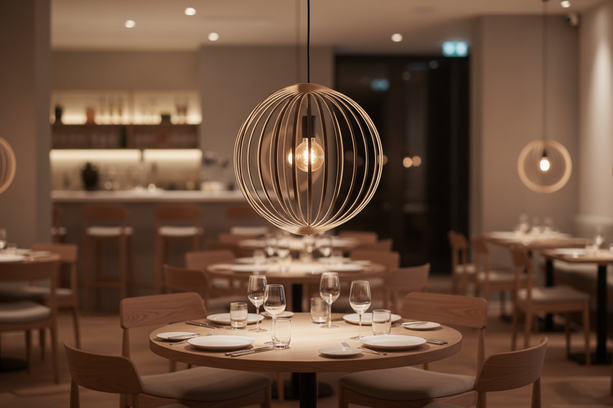 LUWALD NO.03 M Pendelleuchte aus Holz, schwarz, handgefertigt, kugelförmig, angeschaltet, Restaurant, warm, hell