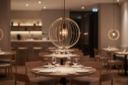 LUWALD NO.03 M Pendelleuchte aus Holz, schwarz, handgefertigt, kugelförmig, angeschaltet, Restaurant, warm, hell