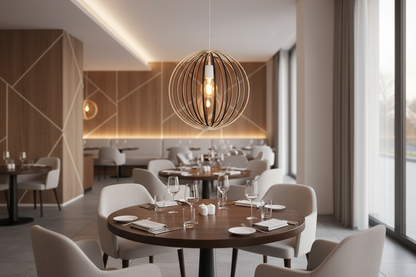 LUWALD NO.03 M Pendelleuchte aus Holz, weiß, handgefertigt, kugelförmig, angeschaltet, Restaurant, gemütlich