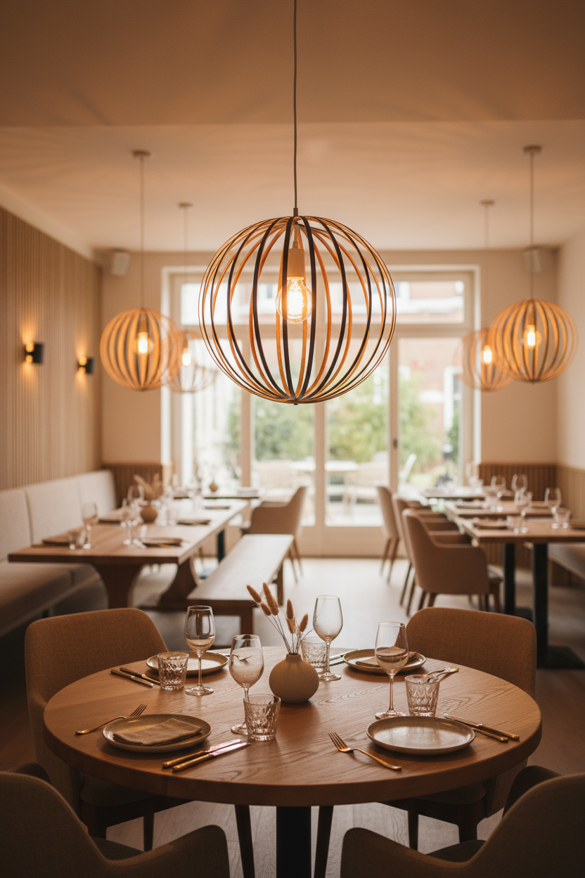 LUWALD NO.03 M Pendelleuchte aus Holz, weiß, handgefertigt, kugelförmig, angeschaltet, Restaurant, gemütlich, warm