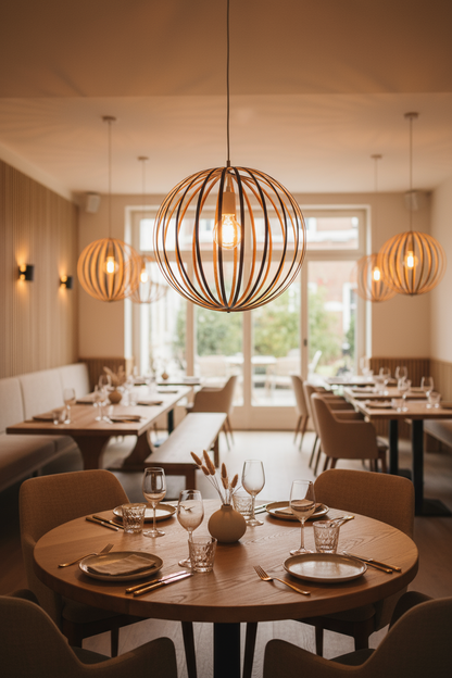 LUWALD NO.03 M Pendelleuchte aus Holz, weiß, handgefertigt, kugelförmig, angeschaltet, Restaurant, gemütlich, warm