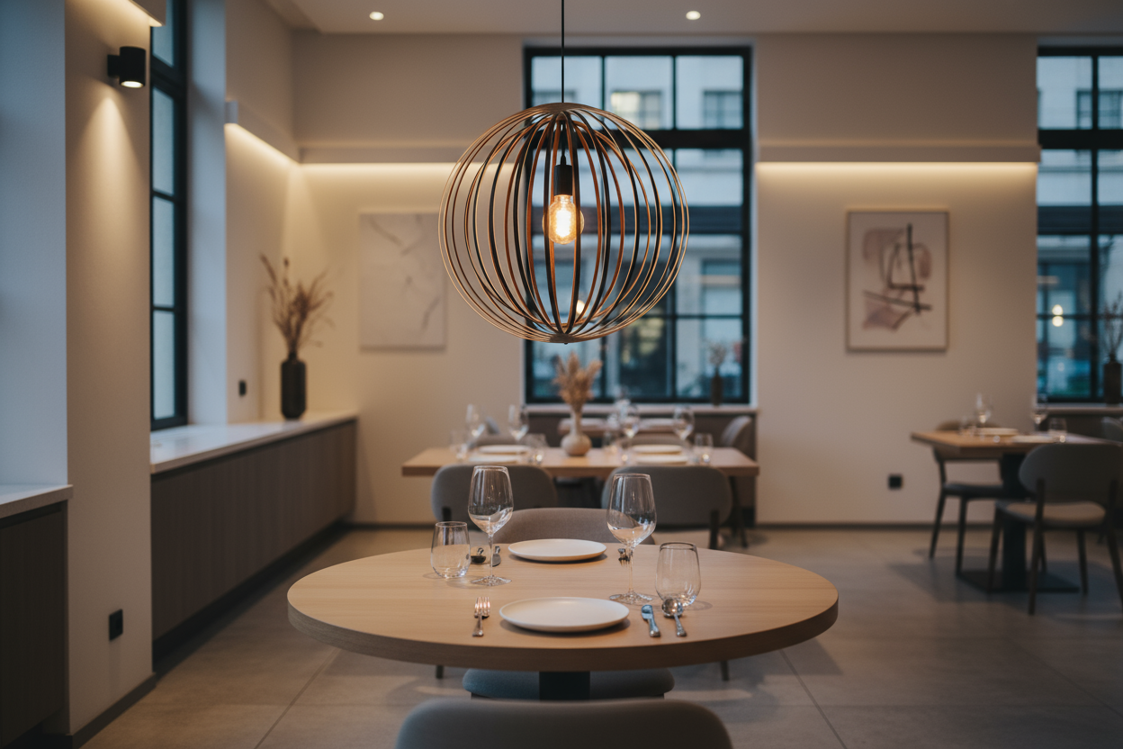 LUWALD NO.03 L Pendelleuchte aus Holz, schwarz, handgefertigt, kugelförmig, angeschaltet, Restaurant, gemütlich, modern