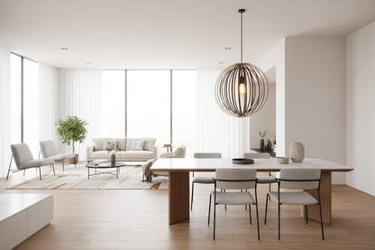 LUWALD NO.03 L Pendelleuchte aus Holz, schwarz, handgefertigt, kugelförmig, angeschaltet, Wohnzimmer, hell