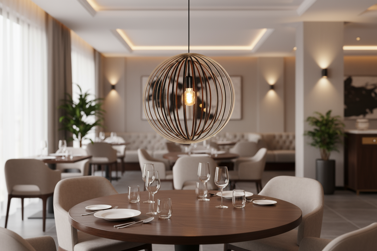 LUWALD NO.03 L Pendelleuchte aus Holz, schwarz, handgefertigt, kugelförmig, angeschaltet, Restaurant, gemütlich