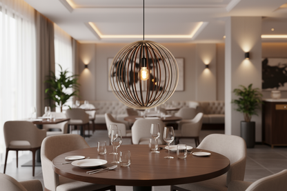 LUWALD NO.03 L Pendelleuchte aus Holz, schwarz, handgefertigt, kugelförmig, angeschaltet, Restaurant, gemütlich