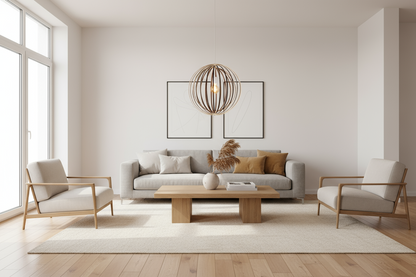 LUWALD NO.03 L Pendelleuchte aus Holz, weiß, handgefertigt, kugelförmig, angeschaltet, Wohnzimmer, gemütlich, modern