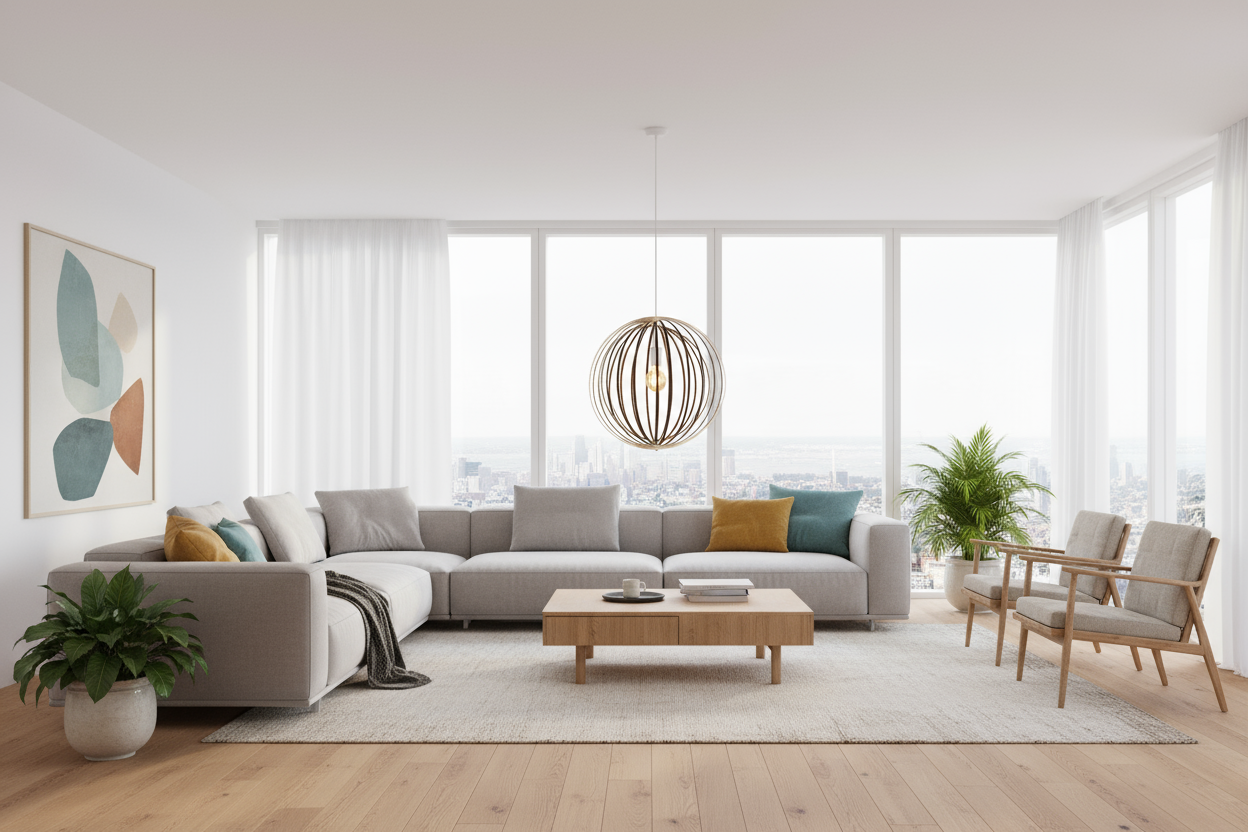 LUWALD NO.03 L Pendelleuchte aus Holz, weiß, handgefertigt, kugelförmig, angeschaltet, Wohnzimmer, modern, schick