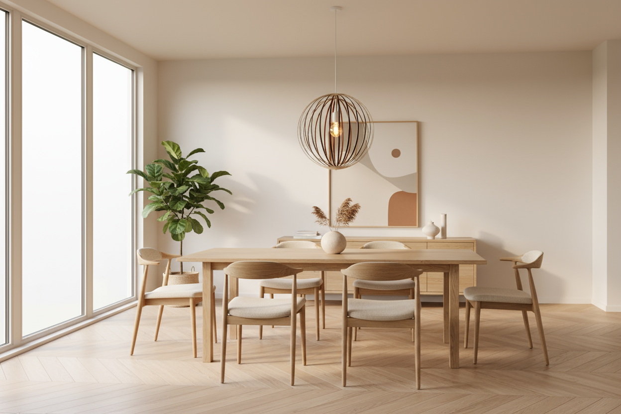 LUWALD NO.03 L Pendelleuchte aus Holz, weiß, handgefertigt, kugelförmig, angeschaltet, Esszimmer, gemütlich