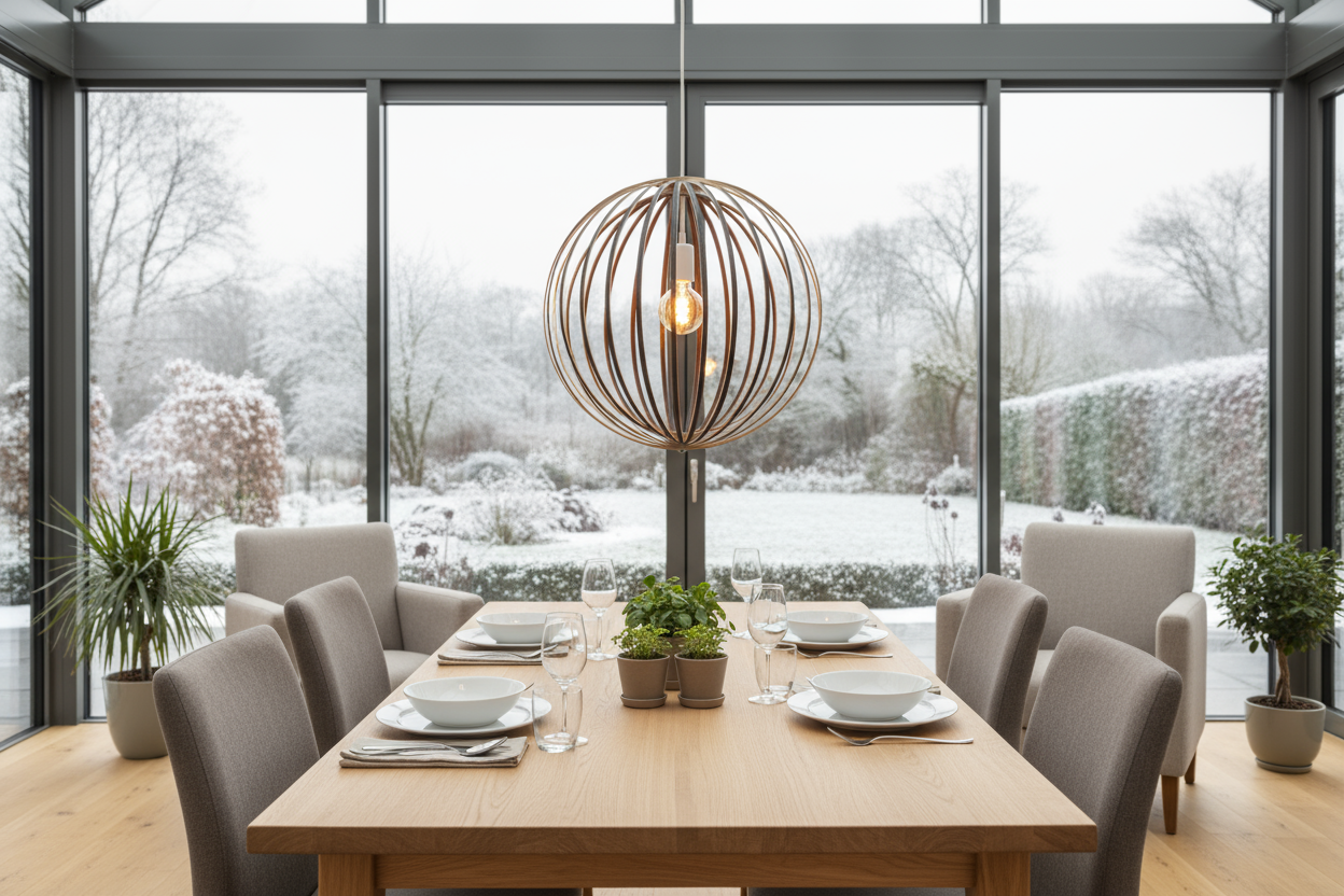 LUWALD NO.03 L Pendelleuchte aus Holz, weiß, handgefertigt, kugelförmig, angeschaltet, Wintergarten, Esszimmer, gemütlich