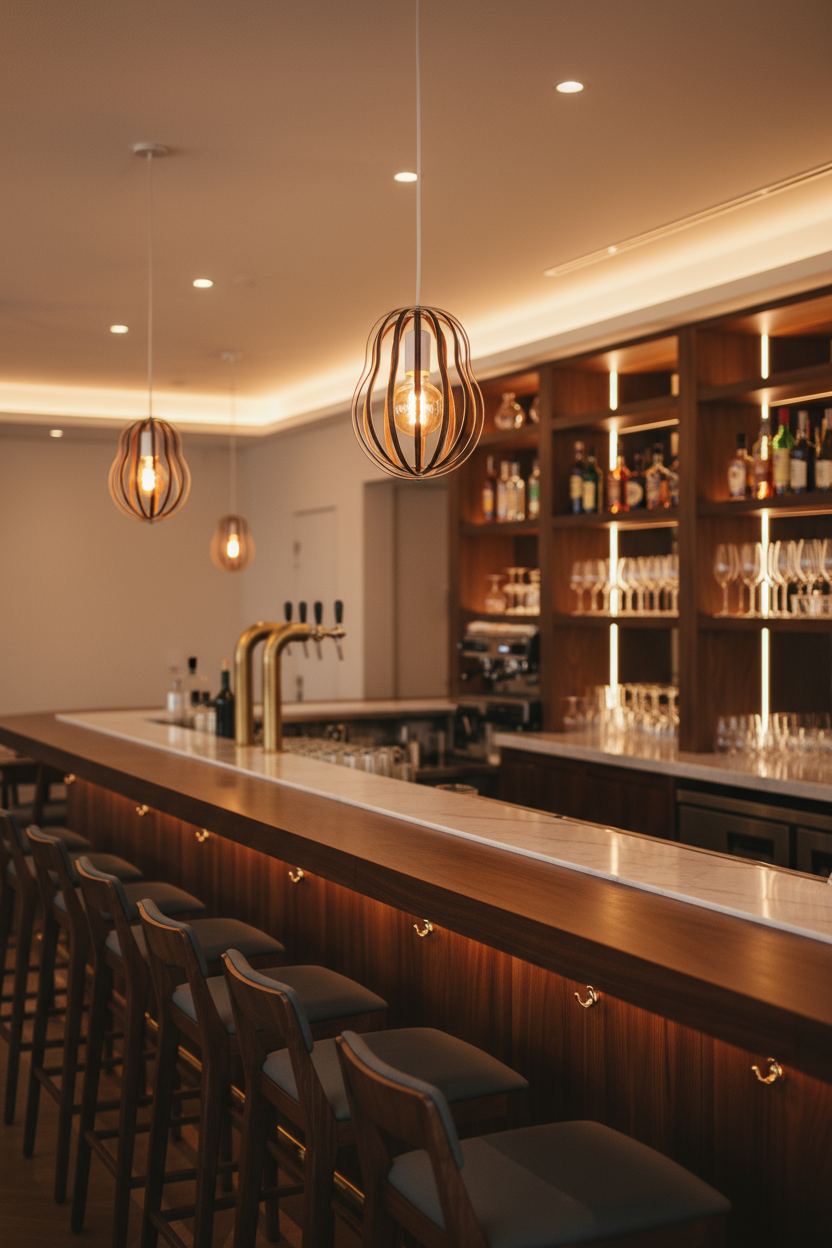 LUWALD NO.02 S, Pendelleuchte aus Holz, weiß, handgefertigt, birnenförmig, angeschaltet, über Bar, stimmungsvoll, warm, drei Leuchten