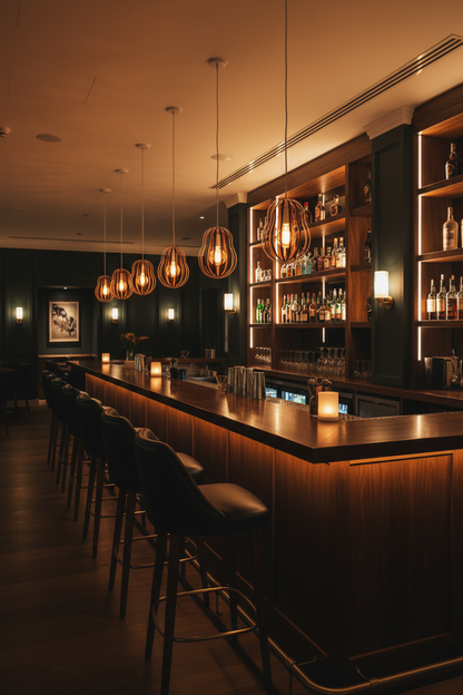 LUWALD NO.02 S, Pendelleuchte aus Holz, weiß, handgefertigt, birnenförmig, angeschaltet, über Bar, stimmungsvoll, warm