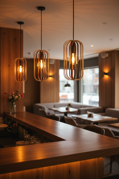 LUWALD NO.04 S Pendelleuchte aus Holz, schwarz, handgefertigt, zylinderförmig, angeschaltet, Ringe, Atmosphäre, Hängelampe,  Bar, Hotel, Restaurant, gemütlich