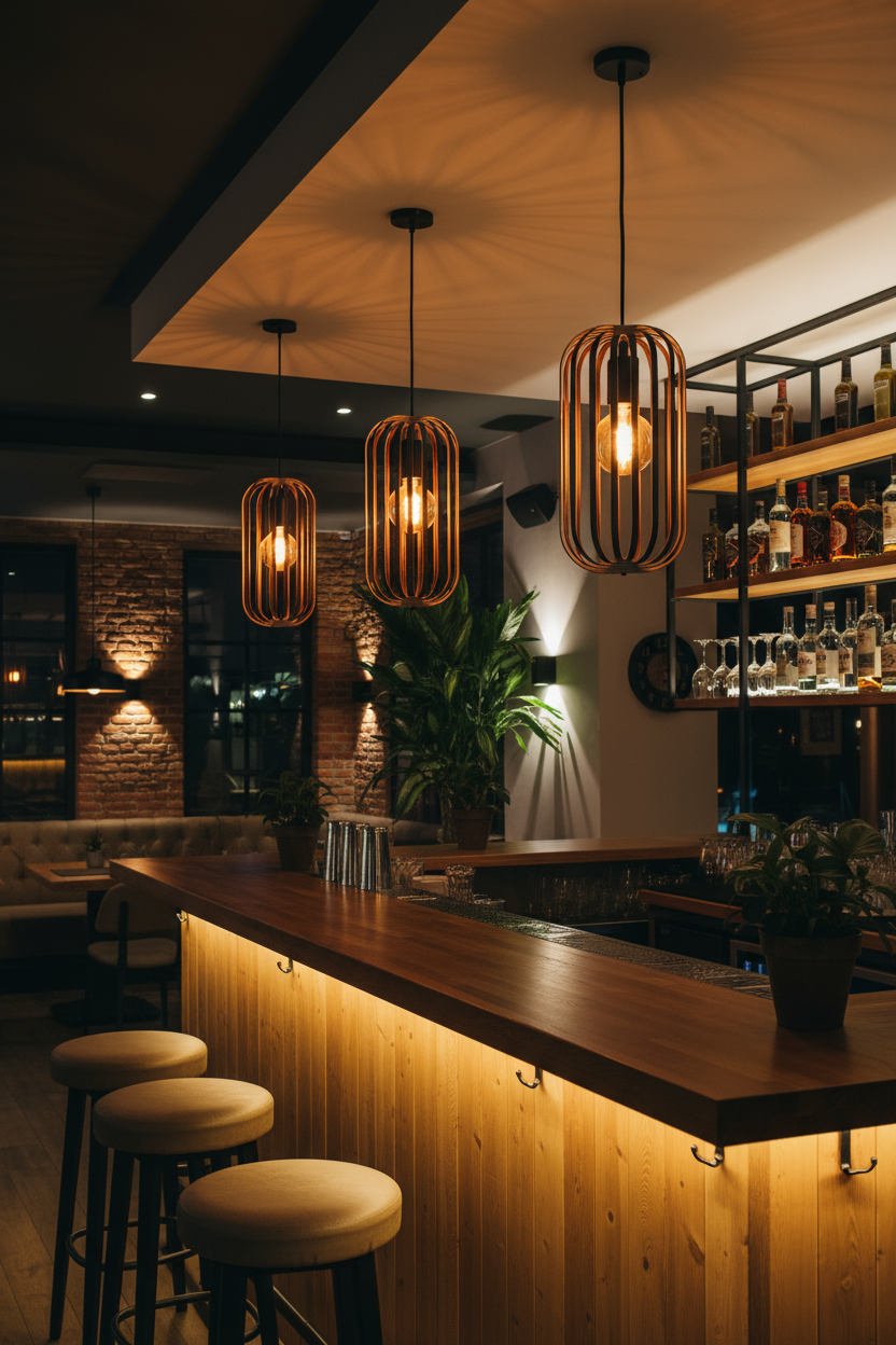 LUWALD NO.04 S Pendelleuchte aus Holz, schwarz, handgefertigt, zylinderförmig, angeschaltet, Ringe, Atmosphäre, Hängelampe,  Bar, Restaurant, gemütlich