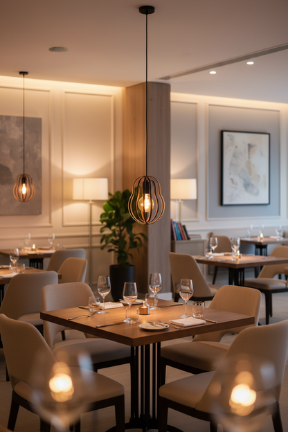 LUWALD NO.02 S, Pendelleuchte aus Holz, schwarz, handgefertigt, birnenförmig, angeschaltet, in Restaurant, stimmungsvoll