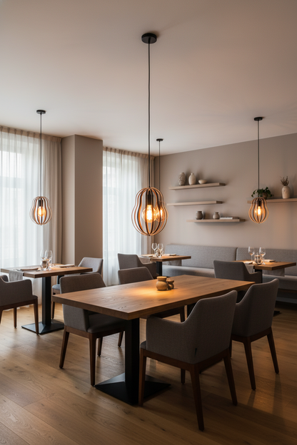 LUWALD NO.02 S, Pendelleuchte aus Holz, schwarz, handgefertigt, birnenförmig, angeschaltet, Restaurant, stimmungsvoll