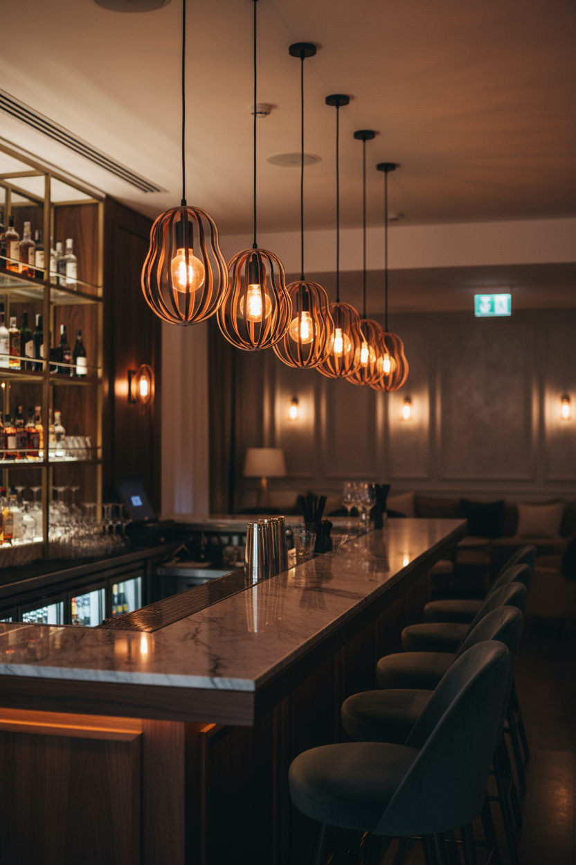 LUWALD NO.02 S, Pendelleuchte aus Holz, schwarz, handgefertigt, birnenförmig, angeschaltet, über Bar, stimmungsvoll, warm