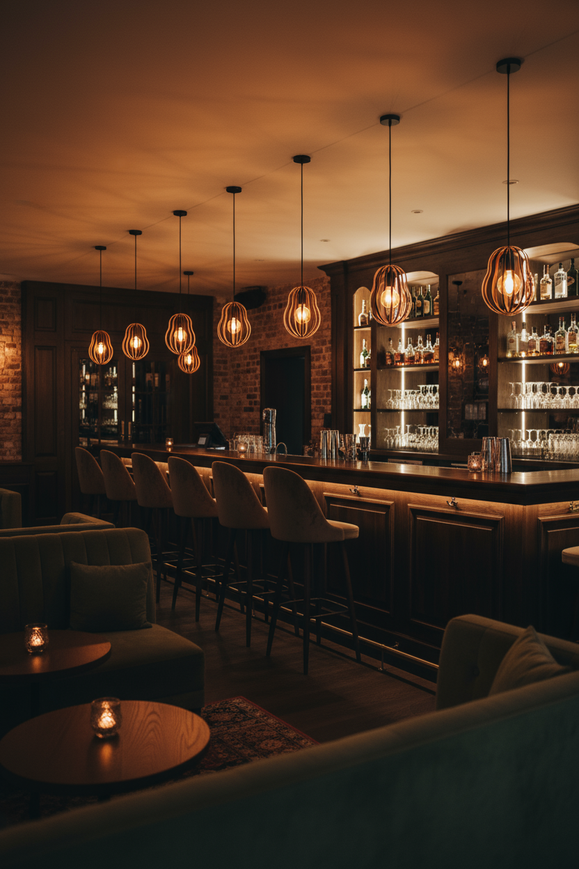 LUWALD NO.02 S, Pendelleuchte aus Holz, schwarz, handgefertigt, birnenförmig, angeschaltet, über Bar, stimmungsvoll