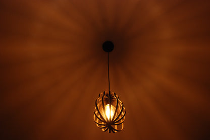 LUWALD NO.02 S, Pendelleuchte aus Holz, schwarz, handgefertigt, birnenförmig, angeschaltet, Schatten an der Decke