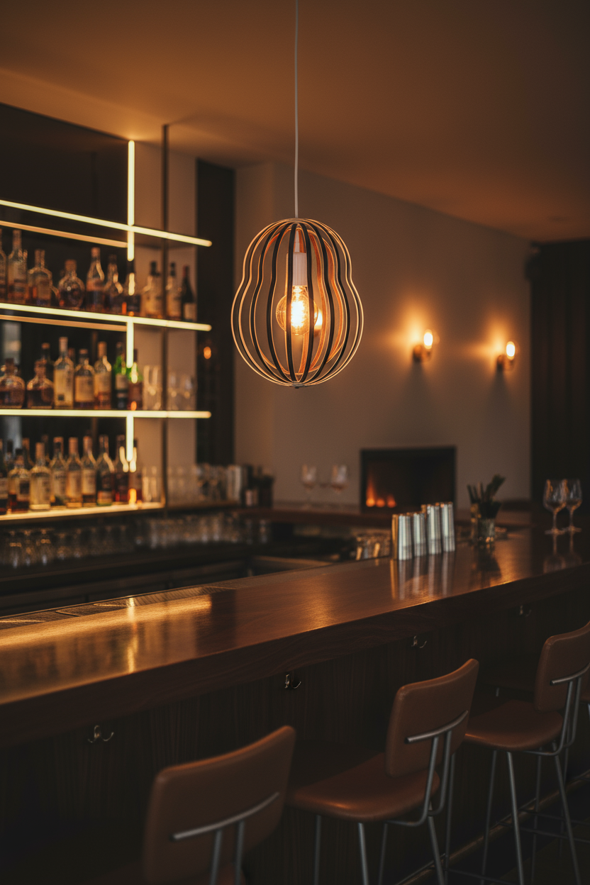 LUWALD NO.02 M, Pendelleuchte aus Holz, weiß, handgefertigt, birnenförmig, angeschaltet, Bar, warm