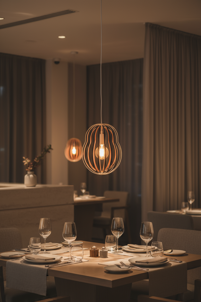 LUWALD NO.02 M, Pendelleuchte aus Holz, weiß, handgefertigt, birnenförmig, angeschaltet, Restaurant, warm