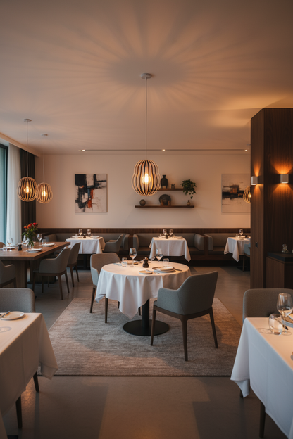 LUWALD NO.02 M, Pendelleuchte aus Holz, weiß, handgefertigt, birnenförmig, angeschaltet, Restaurant, warm, gemütlich