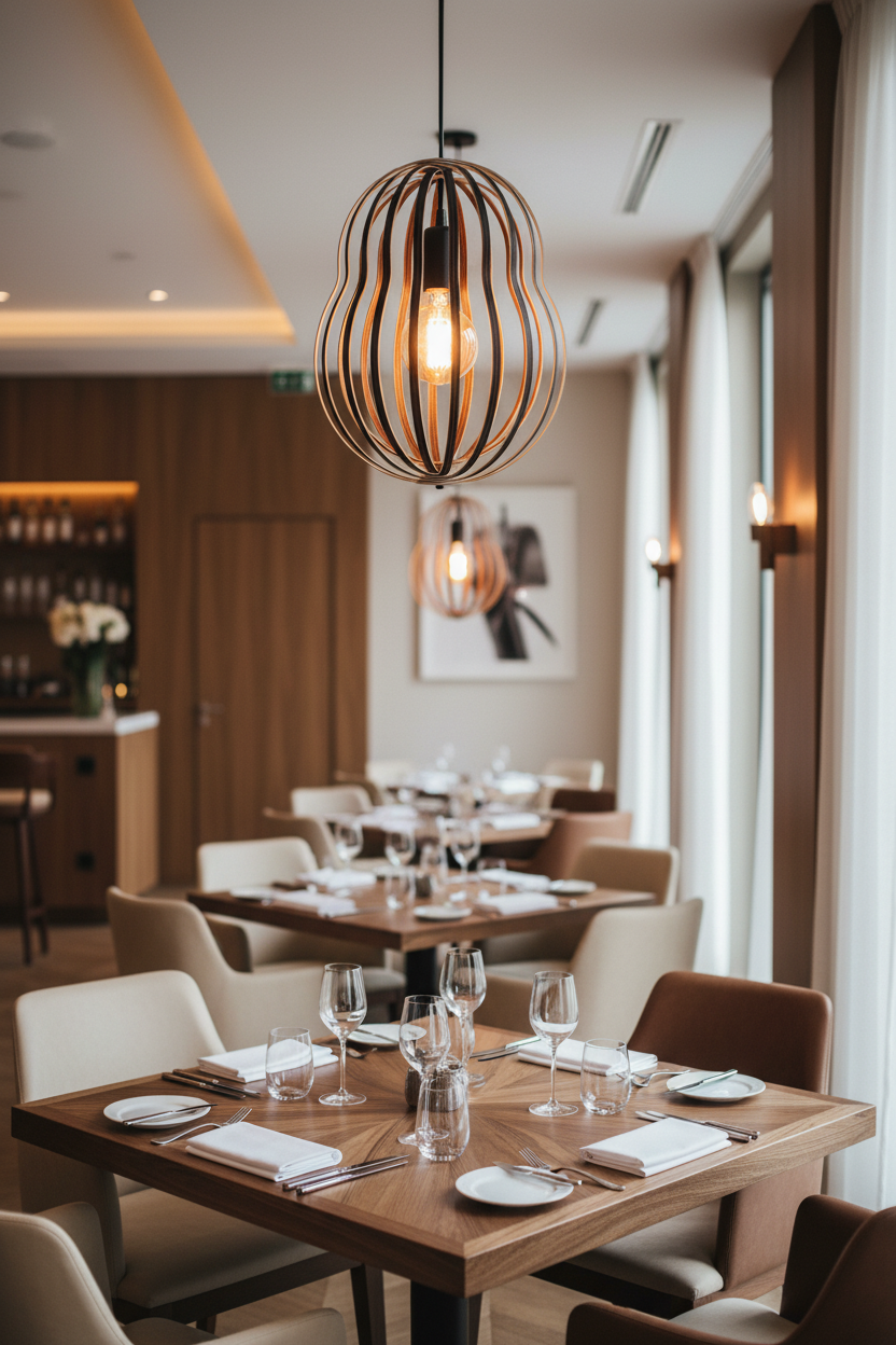 LUWALD NO.02 M Pendelleuchte aus Holz, schwarz, handgefertigt, birnenförmig, angeschaltet, in Restaurant, stimmungsvoll, gemütlich