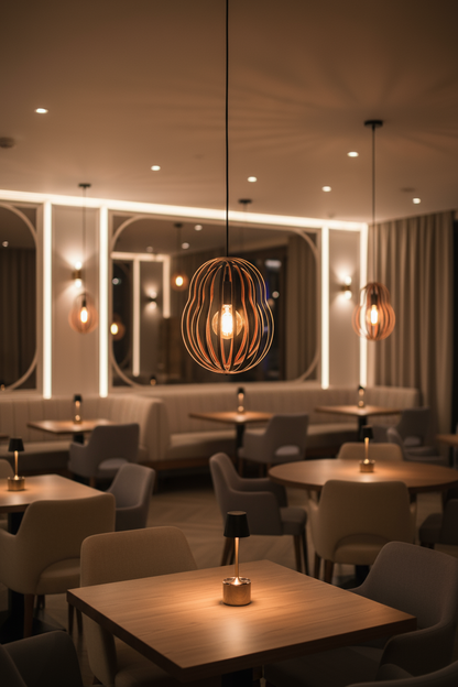 LUWALD NO.02 M Pendelleuchte aus Holz, schwarz, handgefertigt, birnenförmig, angeschaltet, in Restaurant, stimmungsvoll, warm