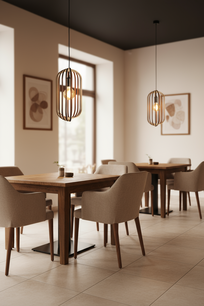 LUWALD NO.04 M Pendelleuchte aus Holz, schwarz, handgefertigt, zylinderförmig, angeschaltet, Ringe, Atmosphäre, Hängelampe,  Esstisch 