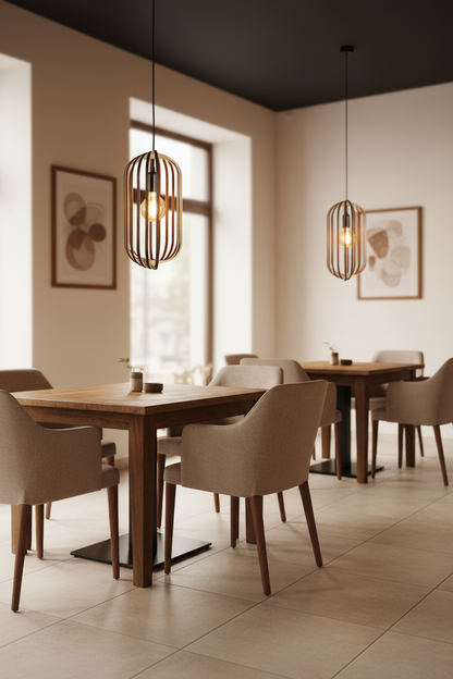 LUWALD NO.04 M Pendelleuchte aus Holz, schwarz, handgefertigt, zylinderförmig, angeschaltet, Ringe, Atmosphäre, Hängelampe,  Esstisch 