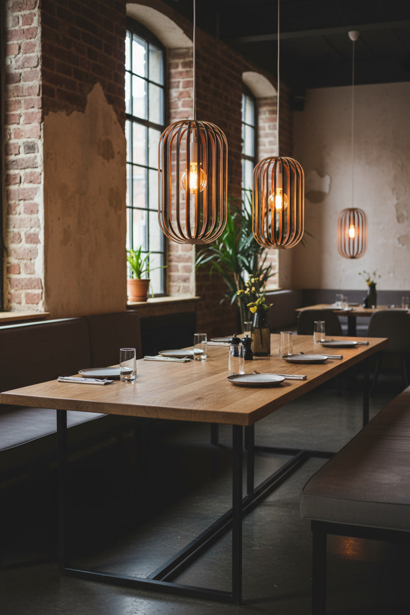 LUWALD NO.04 M Pendelleuchte aus Holz, weiß, handgefertigt, zylinderförmig, angeschaltet, Ringe, Atmosphäre, Hängelampe,  Restaurant, Esstisch, gemütlich, warm