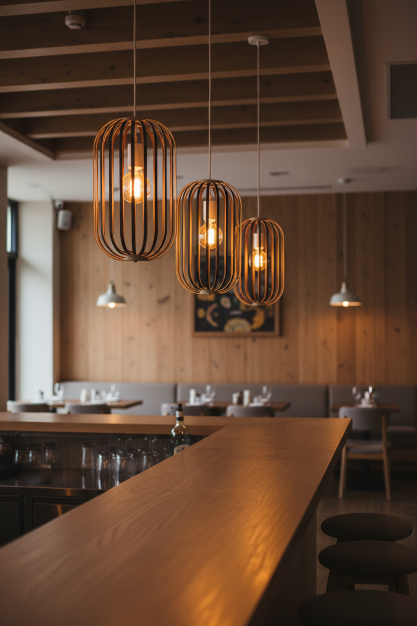 LUWALD NO.04 M Pendelleuchte aus Holz, weiß, handgefertigt, zylinderförmig, angeschaltet, Ringe, Atmosphäre, Hängelampe,  Restaurant, Esstisch, gemütlich, warm, Bar